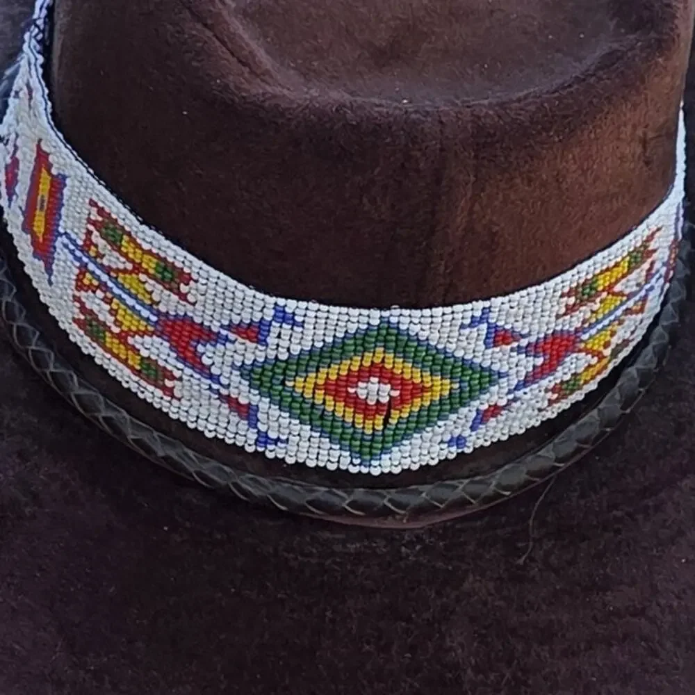 Vtg Brown Velour Cowboy Hat Southwestern Beaded Band Festival Western Boho